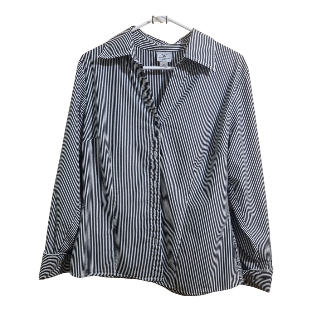 Worthington Button Stripe Blouse Plus 16 Long Sleeve French‎ Cuff Collar V-neck
